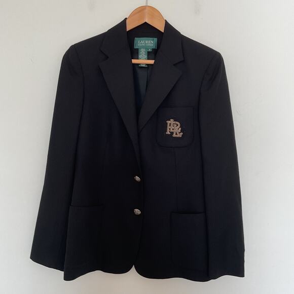 Lauren Ralph Lauren Black Wool Initial's RLL Crest Button Blazer Jacket Sz 6 - Picture 1 of 8